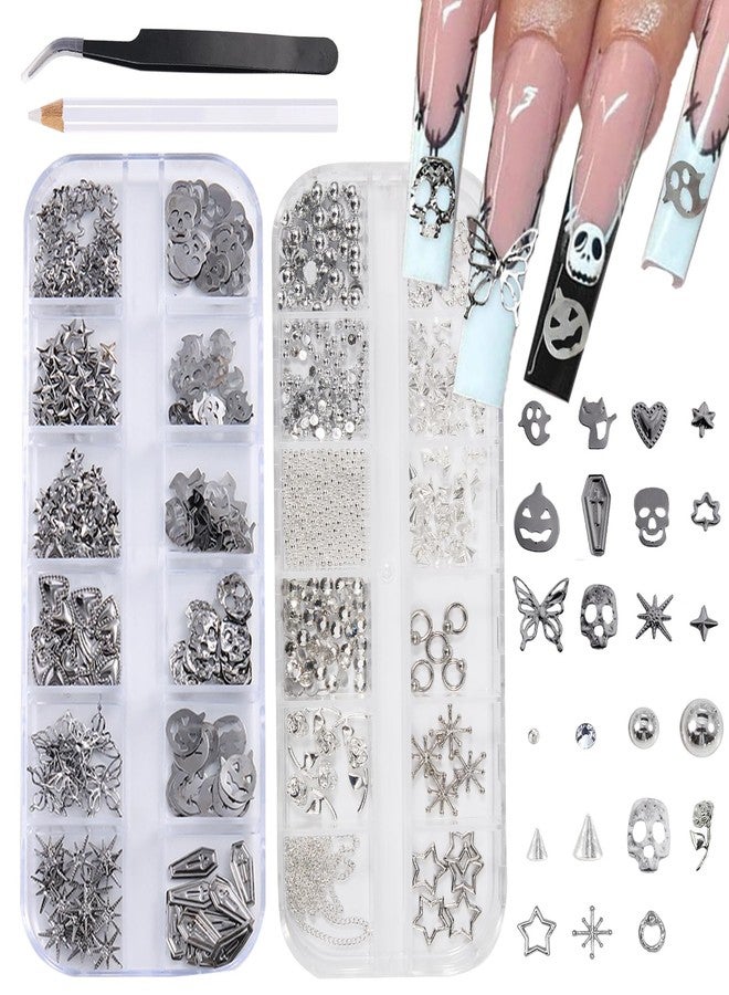 SILPECWEE 2 Boxes Halloween Nail Charms, 3d Punk Nail Charms and Rhinestones Gems, Skull Pumpkin Star Chains Nails Design Metal Cone Spike Rivet Stud Manicure Jewelry for DIY Decoration - Image 1